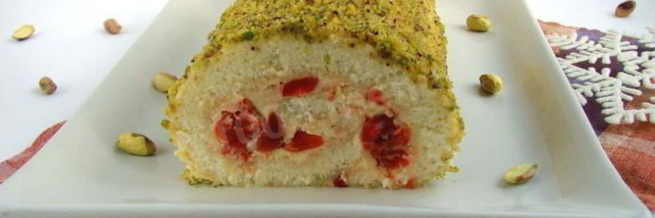 Бисквитный рулет на праздничный стол с начинкой из английского заварного крема и пьяной черешни