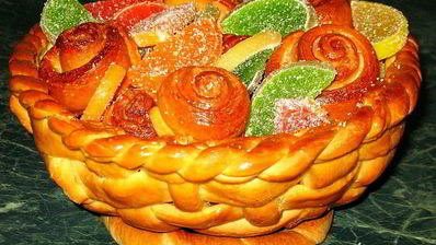 корзинка с сахарными булочками и мармеладом