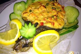 Сибас с творожно-сырным суфле и семгой