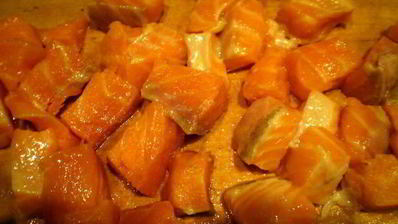 сибас с творожно-сырным суфле и семгой