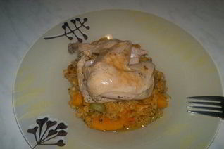 Красная чечевица с тыквой и оливками и отварной кролик