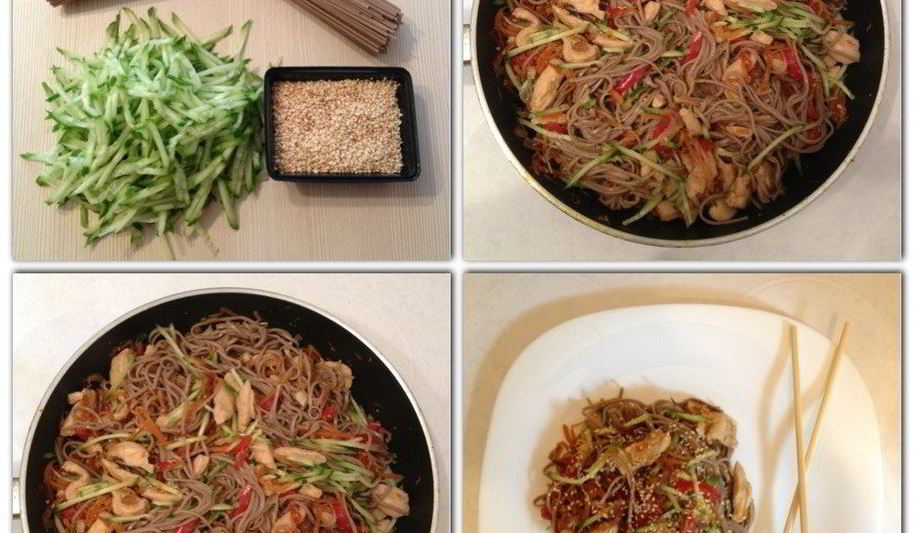 Рецепт гречневой лапши по-японски с курицей и овощами
