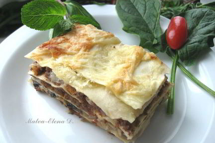 Лазанья с рагу болоньезе, грибами и моцареллой