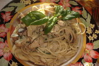 Спагетти с курицей и шампиньонами