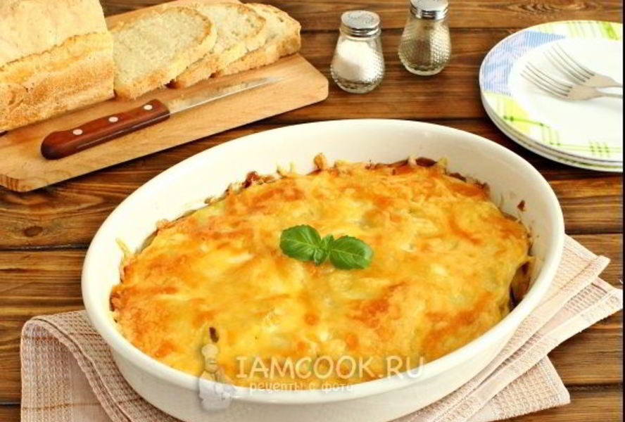 Мясо по-французски с картошкой и грибами