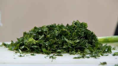 куриный кебаб с зеленой фасолью и томатным соусом