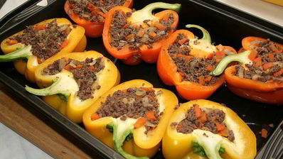 запеченый перец с куриными сердечками