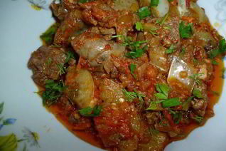 Куриная печень с белыми баклажанами