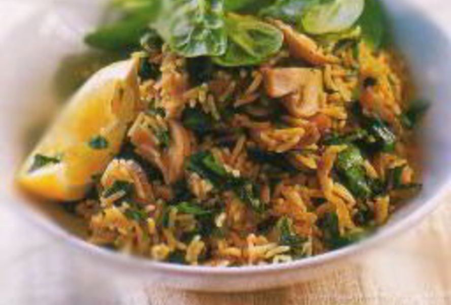 Плов со шпинатом, грибами и лимоном