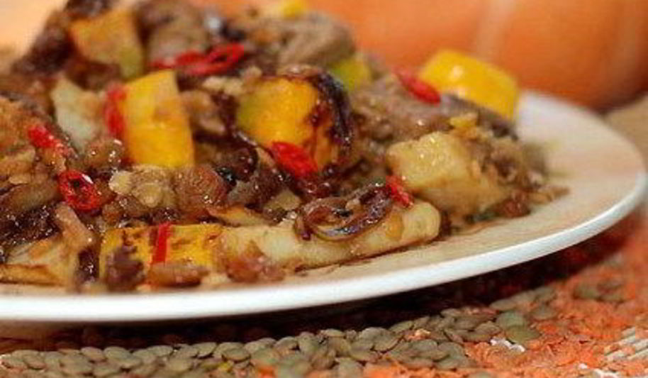 Рецепт тыквенного кисла-сладкого рагу с чечевицей