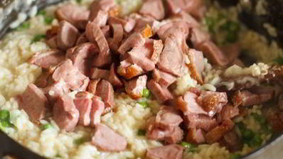 ризотто с уткой и молодым горошком