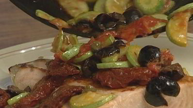 семга с тушеными овощами