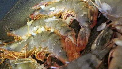 тигровые креветки с табаско, лимоном и чесноком на листовой подушке с теплой питой