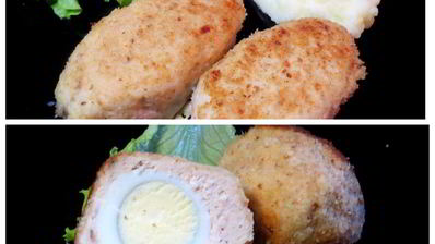 куриные зразы с яйцом и луком и шотландское яйцо