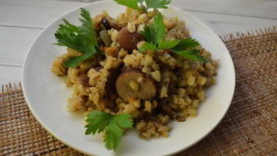 перловка с белыми грибами