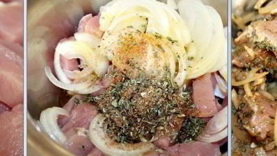 картофельный салат с мясом гирос и дзадзики