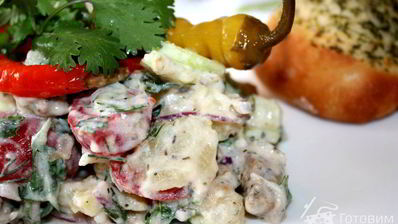 картофельный салат с мясом гирос и дзадзики