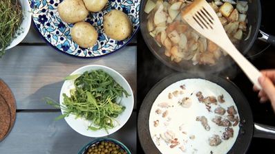 теплый картофельный салат со сливочной курицей