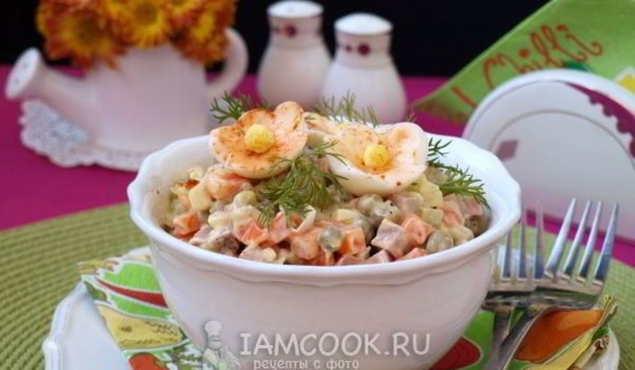 Рецепт салата оливье с колбасой и горошком