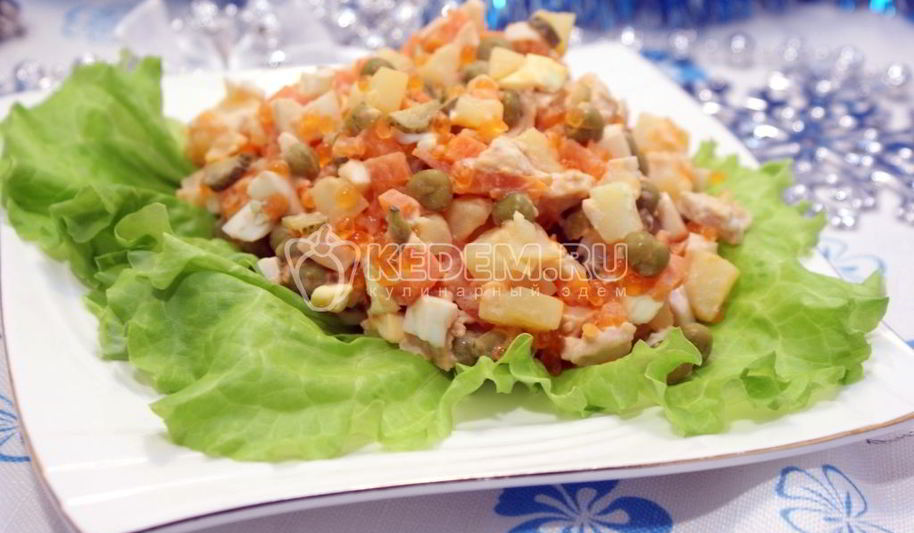 Рецепт салата оливье с курицей и икорной закуской
