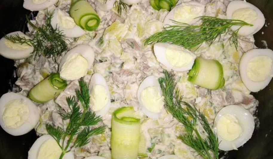 Рецепт салата оливье с языком и свежим огурцом