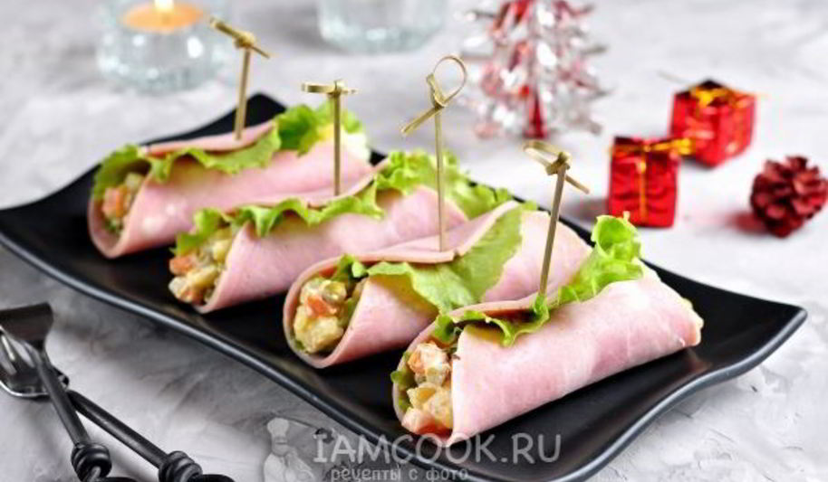 Рецепт салата-закуски оливье в ветчине