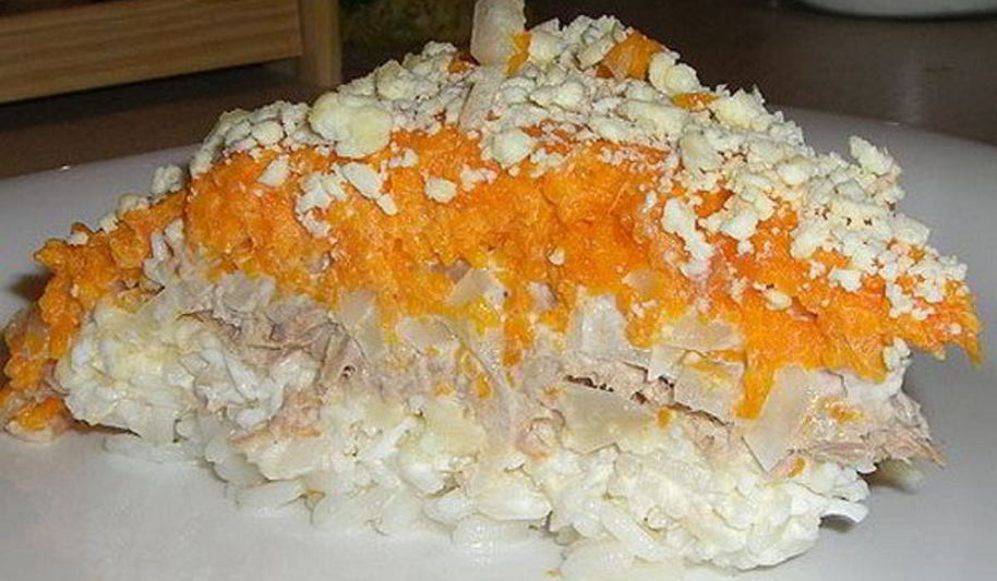 Рецепт слоеного салата мимоза с рыбой и рисом