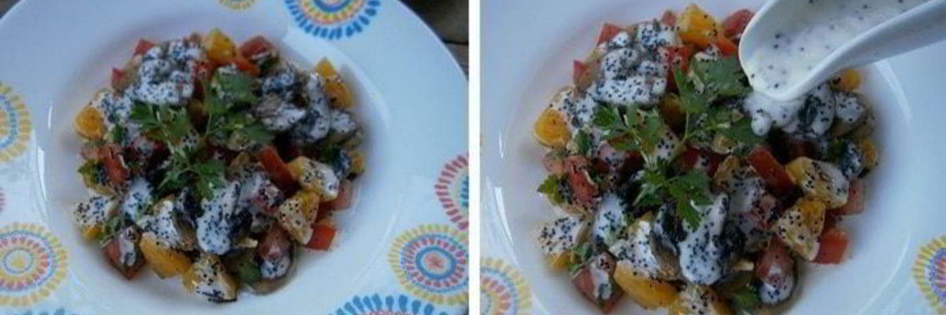 Салат с апельсином, грибами, помидором и маковым соусом