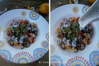 Салат с апельсином, грибами, помидором и маковым соусом