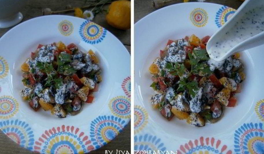 Рецепт салата с апельсином, грибами, помидором и маковым соусом