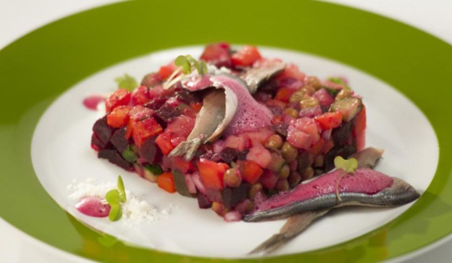 Рецепт винегрета со свекольной пеной и оливковым песком