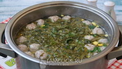 зеленый борщ с фрикадельками и со щавелем