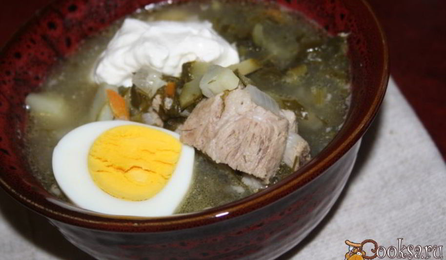 Рецепт зеленого борща со щавлем и маринованными огурцами