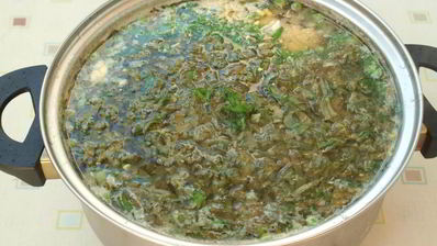 зеленый борщ со свеклой и зеленым горошком