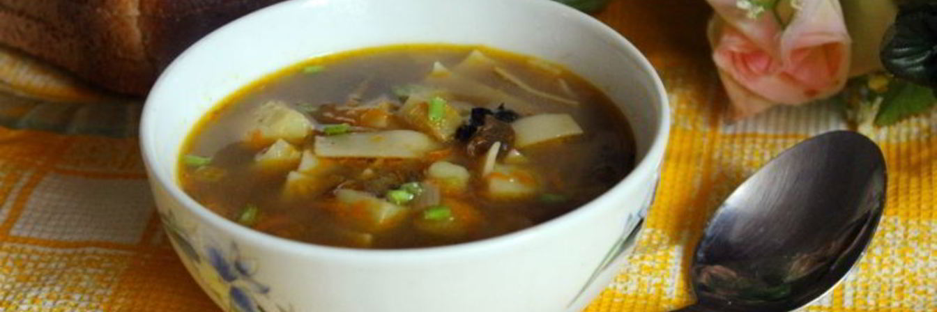 Суп с сушеными грибами и лапшой на курином бульоне