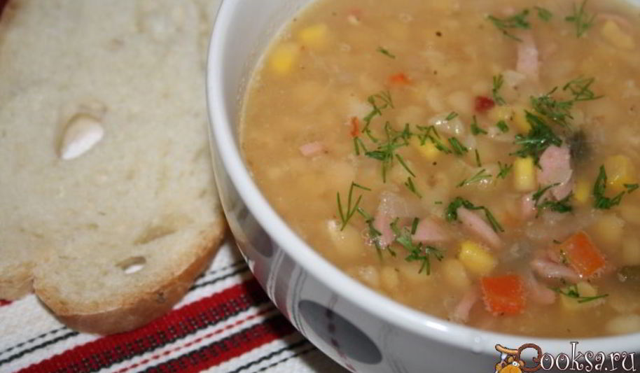 Рецепт горохового супа с сосисками и сладкой кукурузой