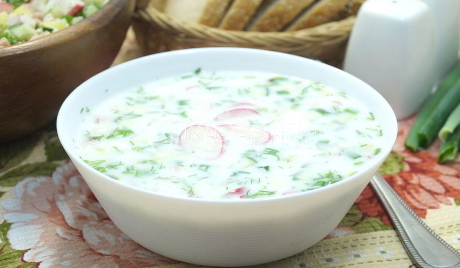 Рецепт окрошки на кефире с колбасой