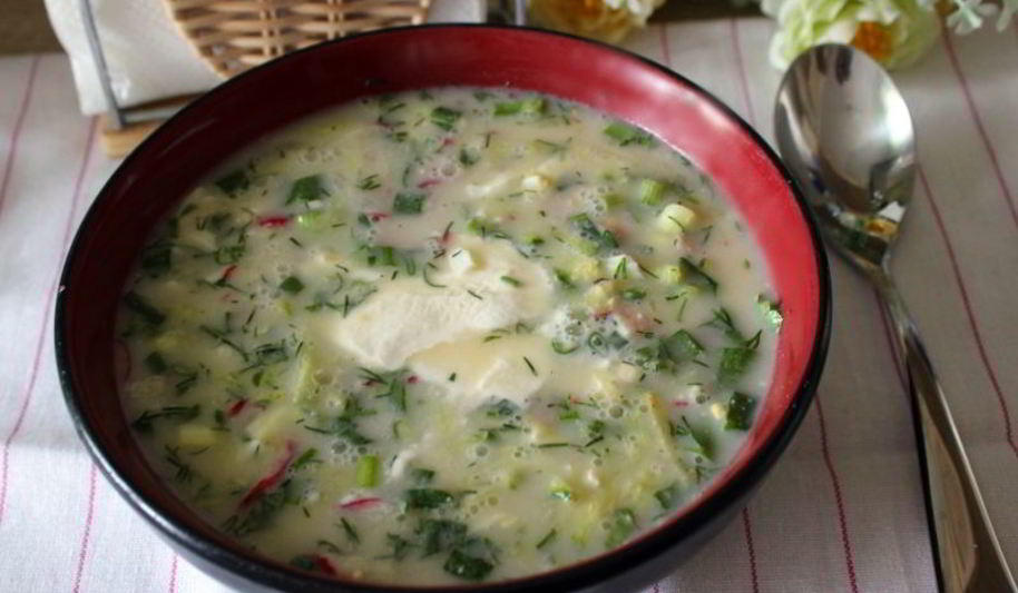 Рецепт окрошки на сыворотке с ветчиной