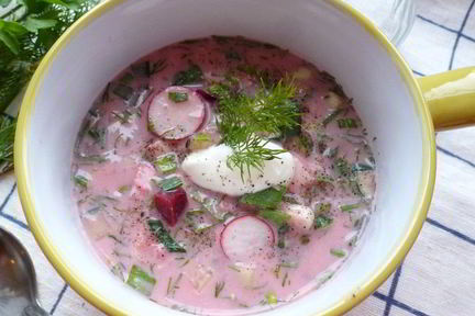 Окрошка со свеклой и курицей