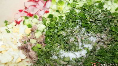 весенняя окрошка с отварной говядиной на кефире и минералке