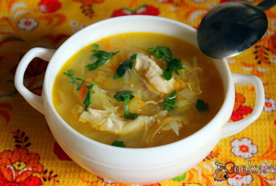 Щи из свежей и квашеной капусты на курином бульоне