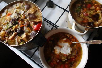 Щи с индейкой и грибами шиитаке