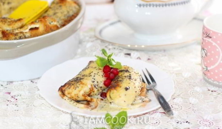 Рецепт блинов с творогом в сметанно-маковой заливке