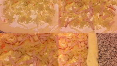 закусочные булочки с ветчиной, капустой и грушей