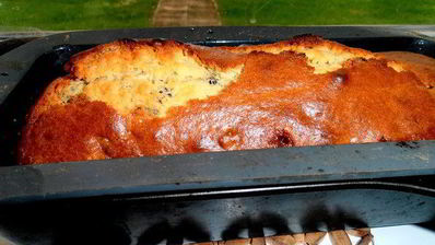 кекс в карамели на подушке из ревеня