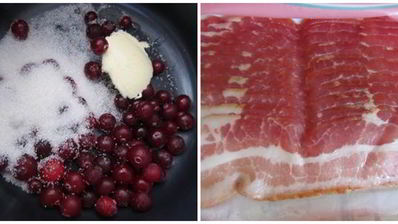 овсяные оладьи с клюквенным соусом и хрустящим беконом