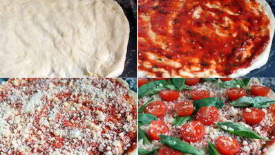 пицца с помидорами черри и базиликом