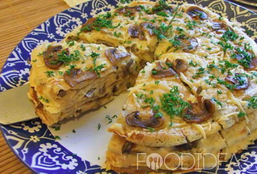 Блинный торт с сыром и грибами