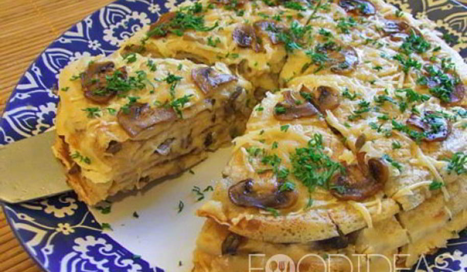 Рецепт блинного торта с сыром и грибами