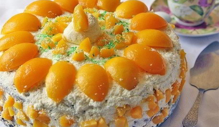 Рецепт торта творожного с персиками